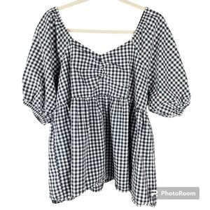 Terra & Sky Black and White Checked Blouse Bell Sleeves with Elastic